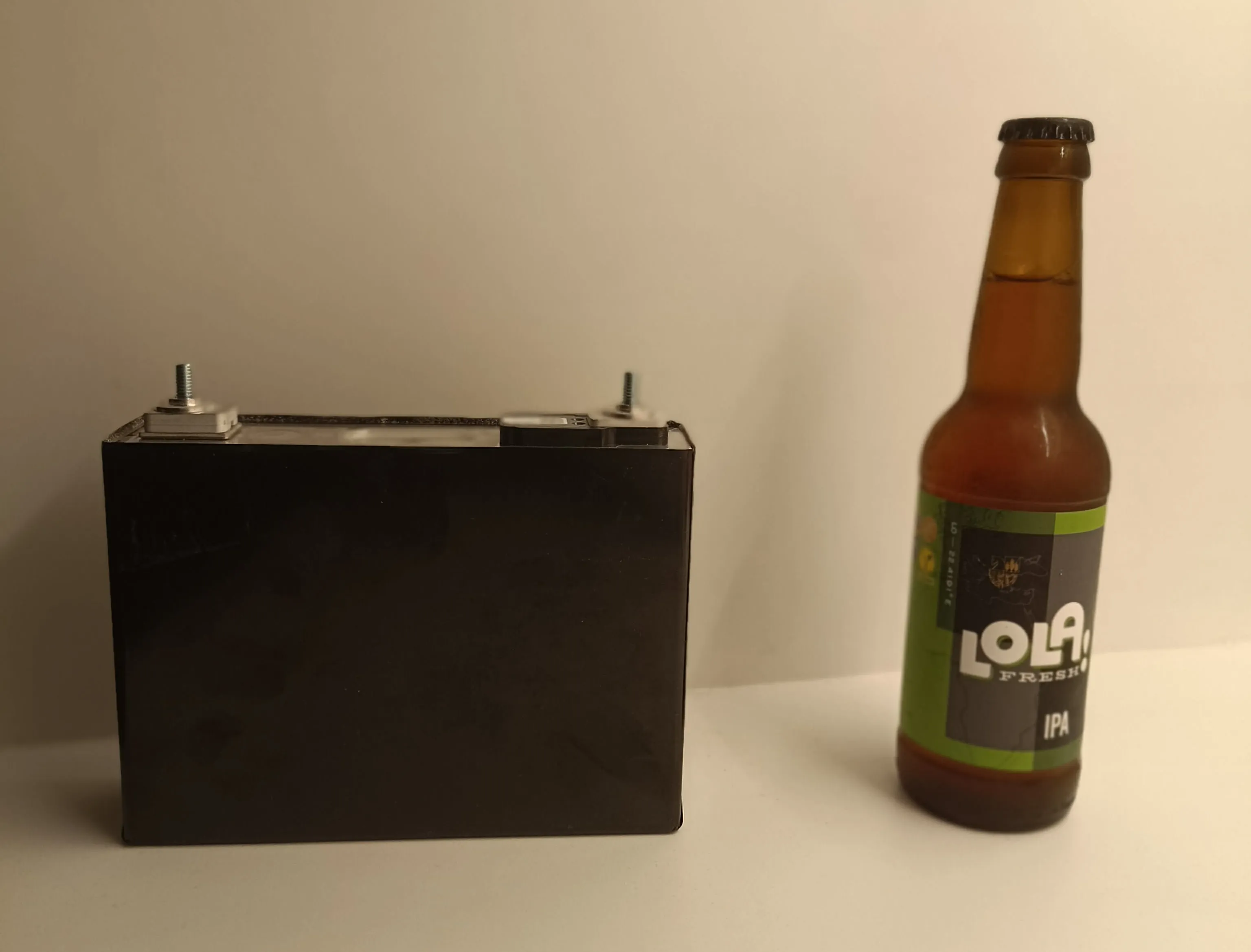Samsung SDI prismatic cell with a beer can for scale